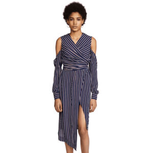 NICHOLAS Pinstripe Wrap Dress Navy Blue Midi silk cold shoulder women's 2